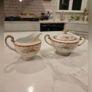 Meito China Pedestal Sugar Bowl w Lid And Creamer Japan Floral Gold Trim